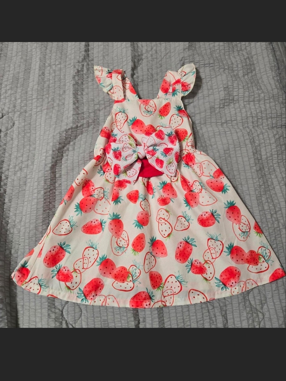 Girls White Strawberry Print Sundress with Bow Headband